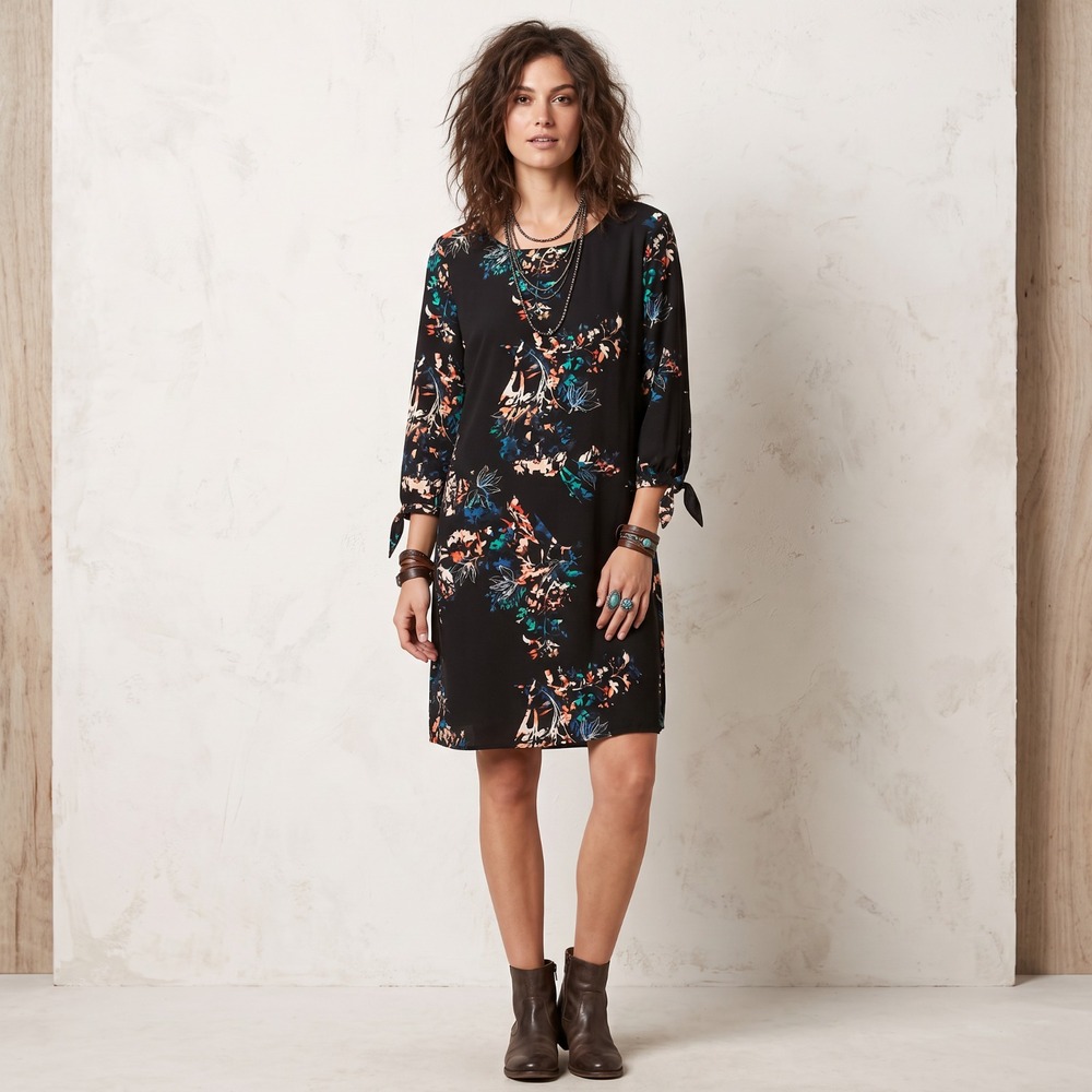 EVRI Black Moody Floral Tie Sleeve Shift Dress Boho Whimsigoth Art Office 1X